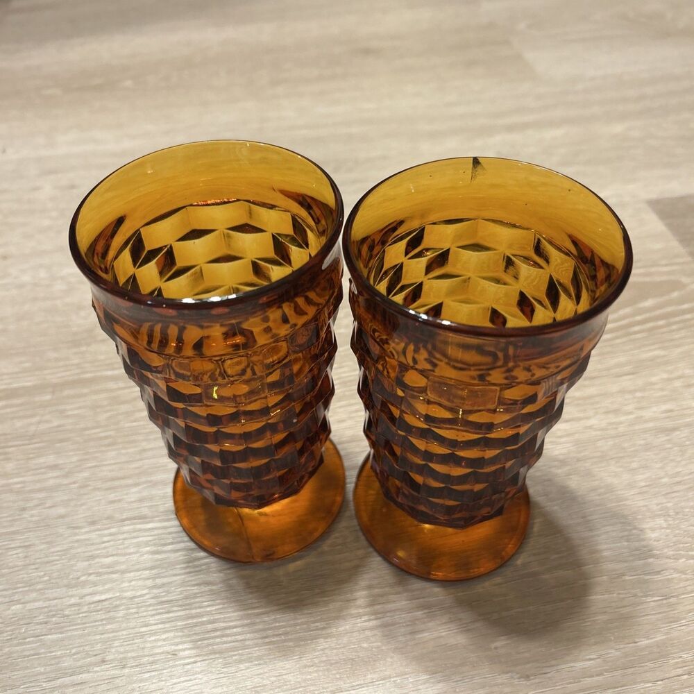 Vintage Amber Whitehall Cubist Footed Tumbler Indiana Glassware Damaged Set of 2